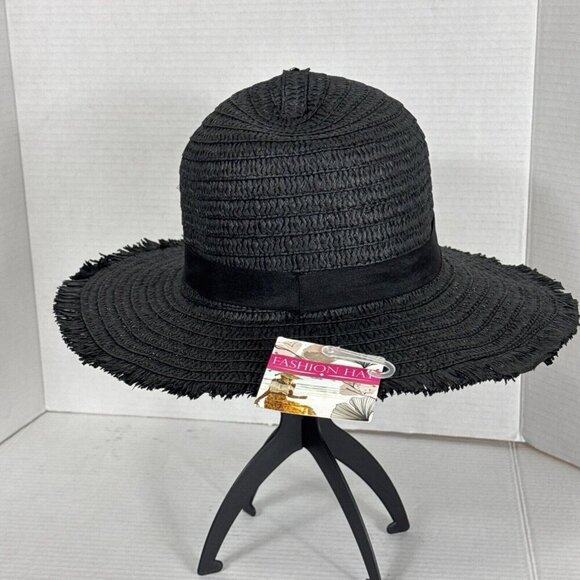 Fashion Hat Woven Fringed Sun Hat Grosgrain Ribbon Band Black NWT 9037 - Picture 4 of 14